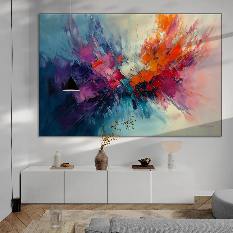 Abstract Collection | Fires of Renewal | Dynamic Abstract Burst in Vivid Hues of Orange and Purple by Roderick Sebastiaan | BeautifulAbstractedPaintinginLivingRoomWithLongCabinetAndHangingLight_2c2b06e6-7e20-4566-a7b1-5e58d45e6259