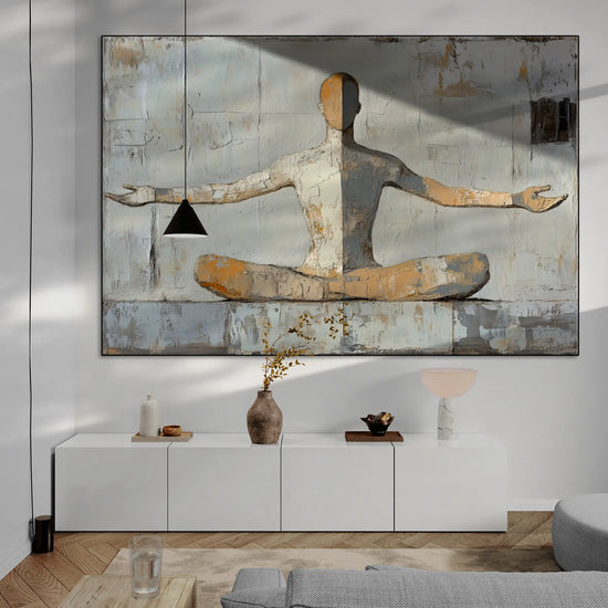 Male Collection | Inner Flow | Minimalist Meditation Figure in Earthy Neutrals by Roderick Sebastiaan | BeautifulAbstractedPaintinginLivingRoomWithLongCabinetAndHangingLight_2e8af765-d372-4c9f-8718-6db4fc57f19e