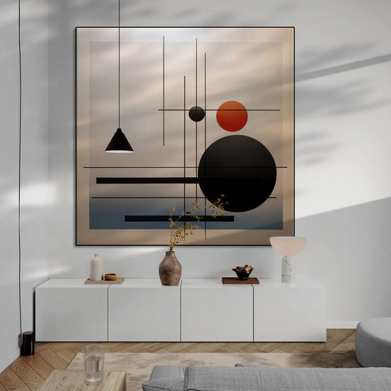 Minimalism Collection | Conjunction of the Spheres | Modern Minimalist Art for Elegant Decor by Roderick Sebastiaan | BeautifulAbstractedPaintinginLivingRoomWithLongCabinetAndHangingLight_517cfb6c-6f92-4e5d-bf31-3d6827be8421