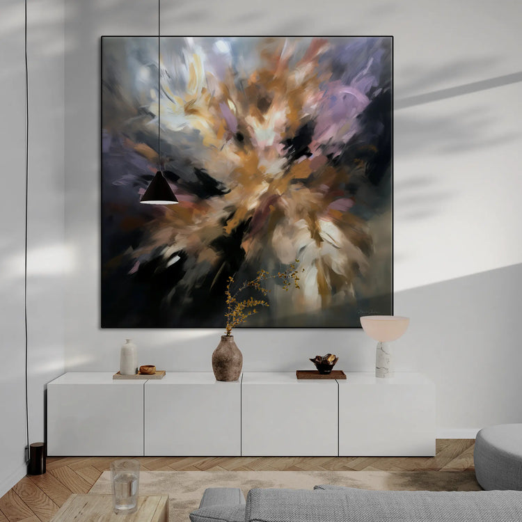 Botanical Collection | Frenesia Floreale | Enchanting Abstraction of Flowers on Art Cloth by Roderick Sebastiaan | BeautifulAbstractedPaintinginLivingRoomWithLongCabinetAndHangingLight_6f4ebeb4-f234-410b-9ee7-8f5132aa4f94