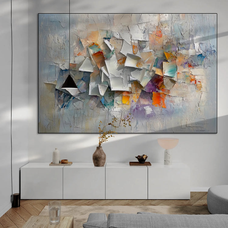 Abstract Collection | Fragments of Hope | Textured Look Abstract with Light Tones and Colourful Accents by Roderick Sebastiaan | BeautifulAbstractedPaintinginLivingRoomWithLongCabinetAndHangingLight_b5d6dc5b-7d6c-477a-95f8-66ecd11c6188