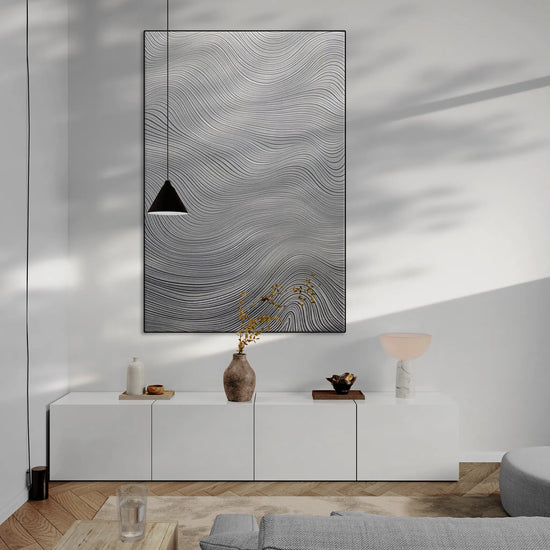 Minimalism Collection | Deserto d'Avorio | Soothing Zen Waves in Abstract Minimalism by Roderick Sebastiaan | BeautifulAbstractedPaintinginLivingRoomWithLongCabinetAndHangingLight_ca63ad0e-d7b0-4a07-b33e-ca0d32a347f6