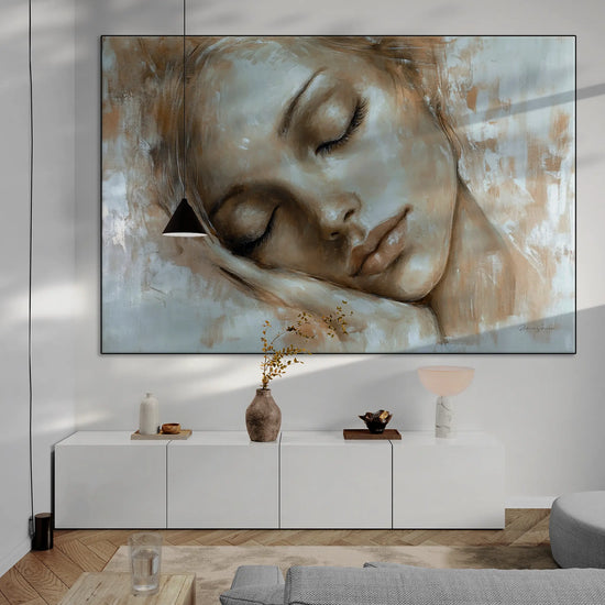 Feminine Collection | Tranquil Slumber | Serene Portrait in Soft Neutrals and Warm Hues by Roderick Sebastiaan | BeautifulAbstractedPaintinginLivingRoomWithLongCabinetAndHangingLight_d499aac8-a188-4271-bf56-af5c8a1f90a0