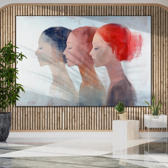 Feminine Collection | "Shifting Identities | Subtle Portrait Trio in Soft Tones and Red Accent" by Roderick Sebastiaan | BeautifulAbstractedPaintinginLobbyWithFeatureWallAndPlants_5644c918-5b7e-4242-936a-307c7eab0d8a