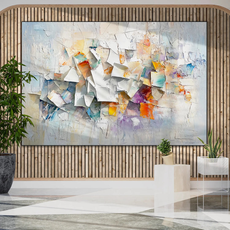 Abstract Collection | Fragments of Hope | Textured Look Abstract with Light Tones and Colourful Accents by Roderick Sebastiaan | BeautifulAbstractedPaintinginLobbyWithFeatureWallAndPlants_719e11d5-e160-4e7c-93e0-f23e4bb9b49c