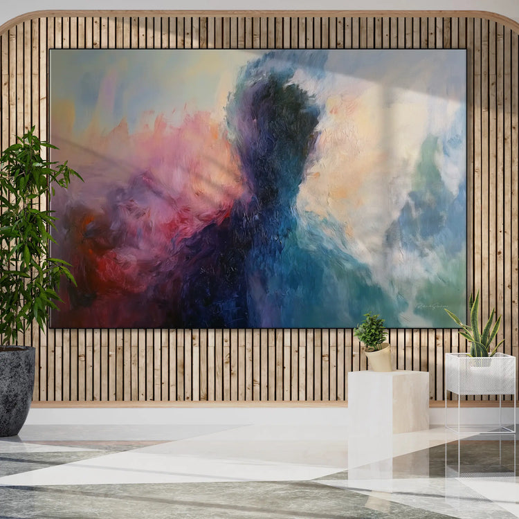 Abstract Collection | Fading Memories | Abstract Silhouette with Vibrant Blues and Pinks by Roderick Sebastiaan | BeautifulAbstractedPaintinginLobbyWithFeatureWallAndPlants