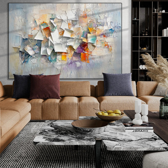 Abstract Collection | Fragments of Hope | Textured Look Abstract with Light Tones and Colourful Accents by Roderick Sebastiaan | BeautifulAbstractedPaintinginModernLivingRoomWithCornerSofa_2034506e-9fb6-4de4-8afc-b7390a63d53a