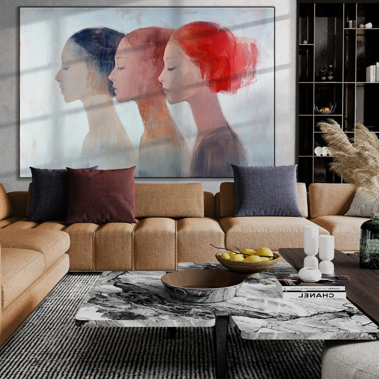 Feminine Collection | "Shifting Identities | Subtle Portrait Trio in Soft Tones and Red Accent" by Roderick Sebastiaan | BeautifulAbstractedPaintinginModernLivingRoomWithCornerSofa_28f330cb-69f5-4843-9c83-171707c7b86f