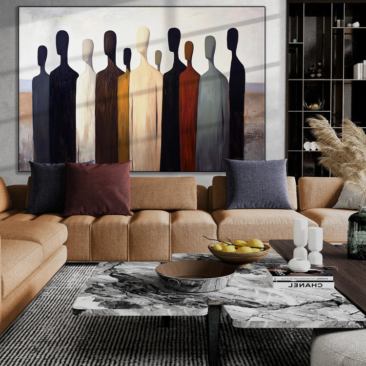 Male Collection | Gathering Shadows | Minimalist Silhouette Figures in Neutral Tones by Roderick Sebastiaan | BeautifulAbstractedPaintinginModernLivingRoomWithCornerSofa