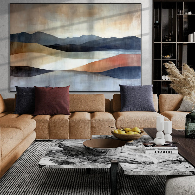 Abstract Collection | Shifting Sands | Serene Landscape in Muted Earth Tones and Blue Hues by Roderick Sebastiaan | BeautifulAbstractedPaintinginModernLivingRoomWithCornerSofa_83d909ed-3d19-46eb-a5da-ef71bc6b0bf5