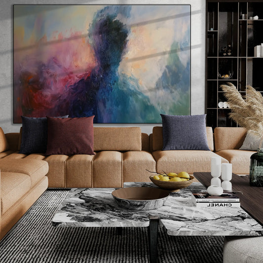 Abstract Collection | Fading Memories | Abstract Silhouette with Vibrant Blues and Pinks by Roderick Sebastiaan | BeautifulAbstractedPaintinginModernLivingRoomWithCornerSofa_89df39d8-1986-4ed6-986f-0b7760bfabeb