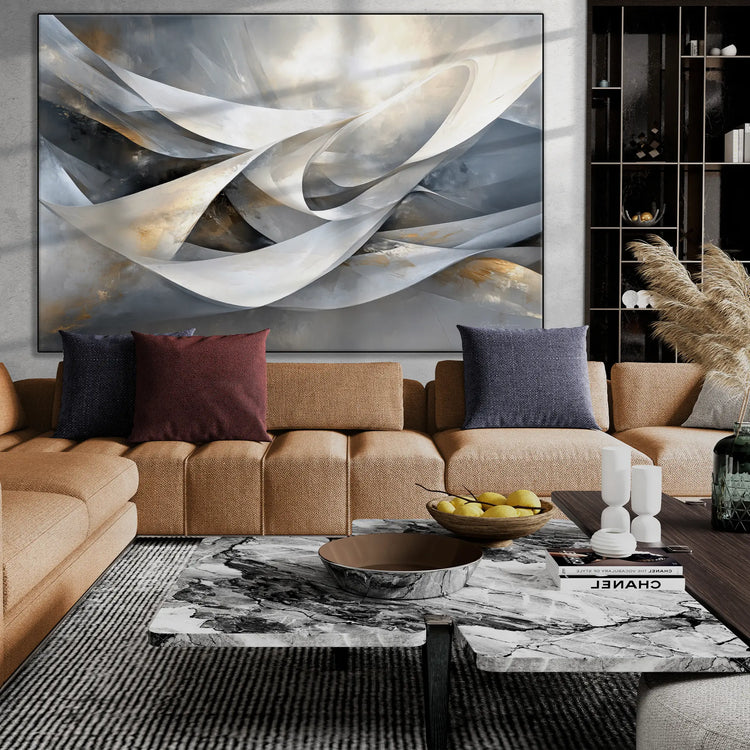 Abstract Collection | Shimmering Tide | Abstract Minimalist Flow with Metallic Accents by Roderick Sebastiaan | BeautifulAbstractedPaintinginModernLivingRoomWithCornerSofa_da96b73a-8d57-4e8c-9327-590343bf722f