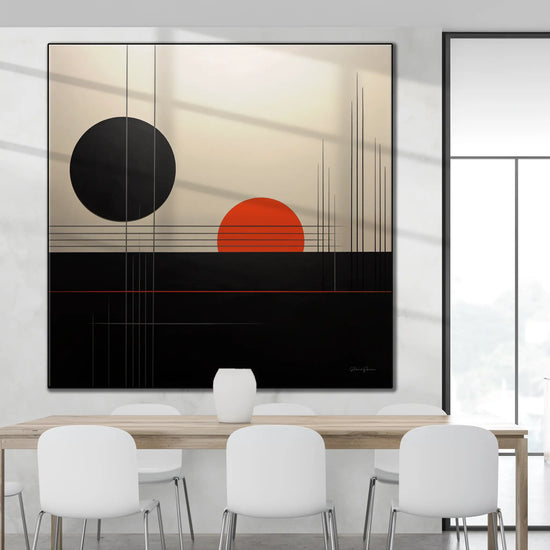 Minimalism Collection | Cosmic Duet | Sleek Geometric Art Print for Modern Interiors by Roderick Sebastiaan | BeautifulAbstractedPaintinginModernMinimalDiningRoomInterior