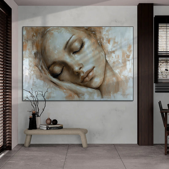 Feminine Collection | Tranquil Slumber | Serene Portrait in Soft Neutrals and Warm Hues by Roderick Sebastiaan | BeautifulAbstractedPaintinginOpenPlanRoomWithWoodAccents_0001ab1f-d270-4edc-81b4-b09f83c4aa49