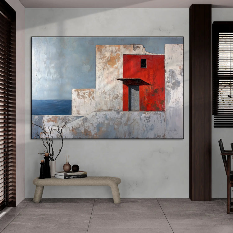 Minimalism Collection | The Red Wall | Mediterranean-Inspired Minimalist Architecture Art by Roderick Sebastiaan | BeautifulAbstractedPaintinginOpenPlanRoomWithWoodAccents_0dcb4614-3dc2-4d46-a15f-26668c439fc4