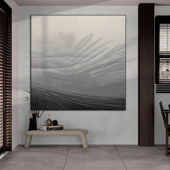 Minimalism Collection | Fading Echoes | Elegant Minimalist Dune Landscape Art for Modern Spaces by Roderick Sebastiaan | BeautifulAbstractedPaintinginOpenPlanRoomWithWoodAccents_154260bd-58c5-4d48-a8c1-c4020a8e9a64