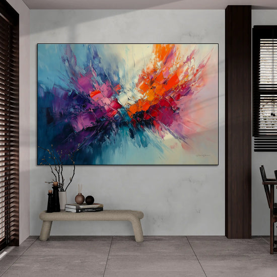 Abstract Collection | Fires of Renewal | Dynamic Abstract Burst in Vivid Hues of Orange and Purple by Roderick Sebastiaan | BeautifulAbstractedPaintinginOpenPlanRoomWithWoodAccents_314cf4ad-c855-4315-89cf-4158f74f9798