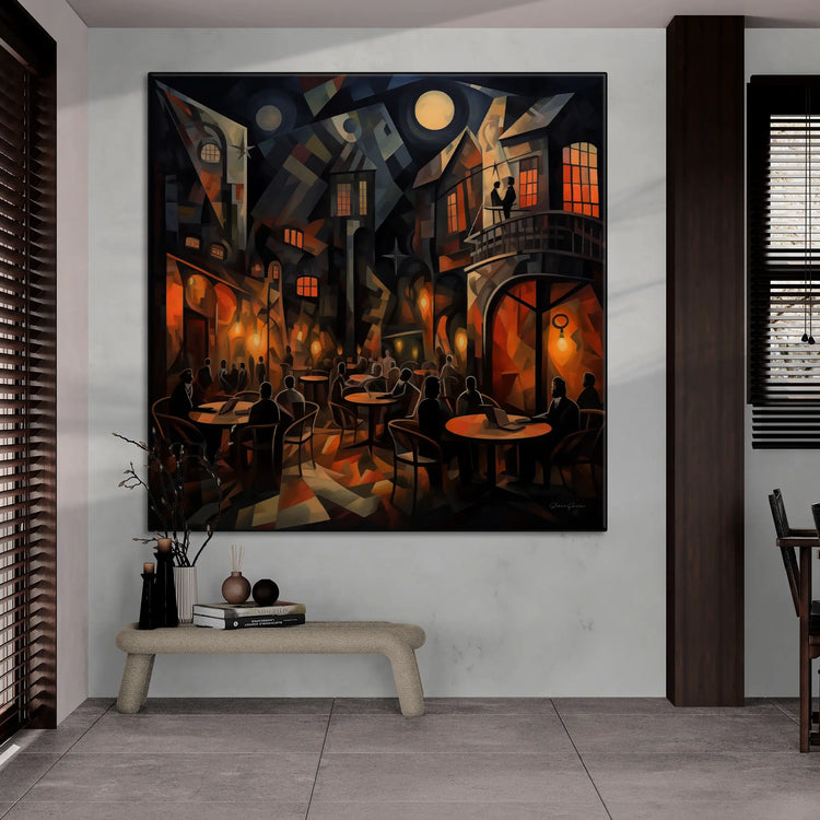 Music Collection | Crescent City | Vibrant New Orleans City scene for Stylish Interiors by Roderick Sebastiaan | BeautifulAbstractedPaintinginOpenPlanRoomWithWoodAccents_4478719f-7ccf-4967-8ba3-ae7018a374fa