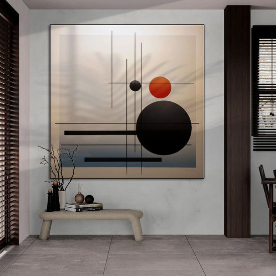 Minimalism Collection | Conjunction of the Spheres | Modern Minimalist Art for Elegant Decor by Roderick Sebastiaan | BeautifulAbstractedPaintinginOpenPlanRoomWithWoodAccents_4de55c52-0eb5-42b9-931a-f975f6c413f8