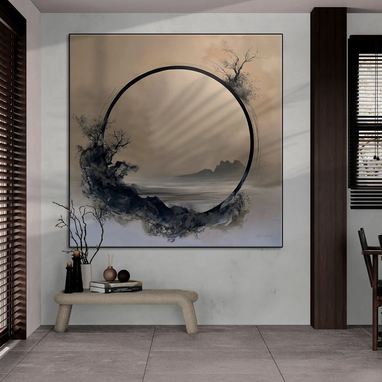 Monochrome Oasis | Tranquil Minimalist Zen Circle in Grayscale Art Print