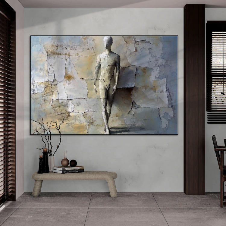 Male Collection | Breaking Through – Textured Look Abstract Wall Art with Stone-Like Background by Roderick Sebastiaan | BeautifulAbstractedPaintinginOpenPlanRoomWithWoodAccents