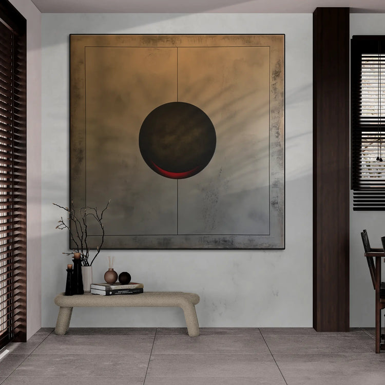 Minimalism Collection | Eclipse of Solitude | Minimalist Sphere in Monochrome Shades by Roderick Sebastiaan | BeautifulAbstractedPaintinginOpenPlanRoomWithWoodAccents_9e5bf109-1341-46f6-b608-695a4a49744e