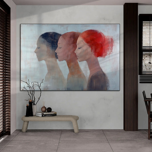 Feminine Collection | "Shifting Identities | Subtle Portrait Trio in Soft Tones and Red Accent" by Roderick Sebastiaan | BeautifulAbstractedPaintinginOpenPlanRoomWithWoodAccents_c06e3a51-1d3d-4612-a322-569e3442a3ca