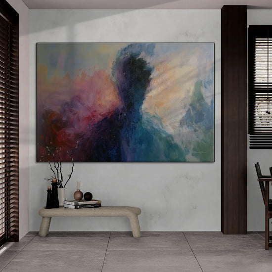 Abstract Collection | Fading Memories | Abstract Silhouette with Vibrant Blues and Pinks by Roderick Sebastiaan | BeautifulAbstractedPaintinginOpenPlanRoomWithWoodAccents_d9b7afc0-cc37-4794-8d21-e724b91e59ea