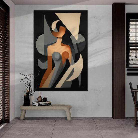 Abstract Collection | Claire de Lune | Moonlight Silhouette Abstract on Art Cloth in Modern Frame by Roderick Sebastiaan | BeautifulAbstractedPaintinginOpenPlanRoomWithWoodAccents_f22772ca-dee7-4552-8d6e-ff81e8a02a3a