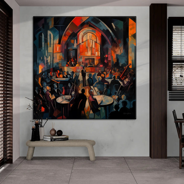 Music Collection | 20's Jazz No.2 | Vibrant & Expressive Art Cloth Print in Art Frame by Roderick Sebastiaan | BeautifulAbstractedPaintinginOpenPlanRoomWithWoodAccents_f560d1fb-6df4-4098-ba2d-af08dbe54f2d