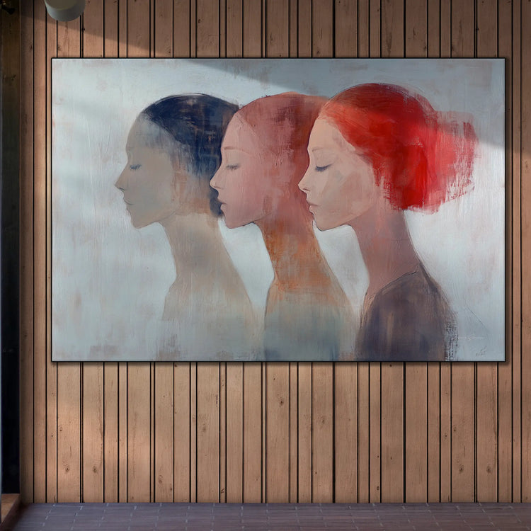 Feminine Collection | "Shifting Identities | Subtle Portrait Trio in Soft Tones and Red Accent" by Roderick Sebastiaan | BeautifulAbstractedPaintinginSpotlitCorridorWallInGallery_4a50f612-ac1a-4e7e-a59c-98b7db967923