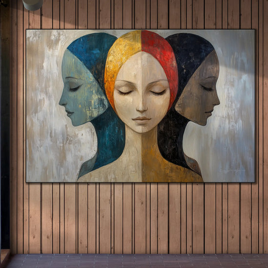 Feminine Collection | Silent Reflections | Symbolic Abstract Trio with Earthy and Vibrant Hues by Roderick Sebastiaan | BeautifulAbstractedPaintinginSpotlitCorridorWallInGallery_c3a65ccc-7c3d-48e7-9321-865afae7b8f1