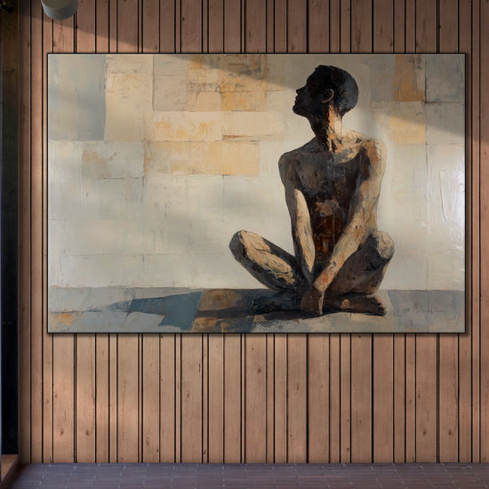 Male Collection | Shadows of the Mind | Thoughtful Figurative Art in Earthy Tones by Roderick Sebastiaan | BeautifulAbstractedPaintinginSpotlitCorridorWallInGallery_ea1a5748-df3d-4569-aae9-b4e512b64365