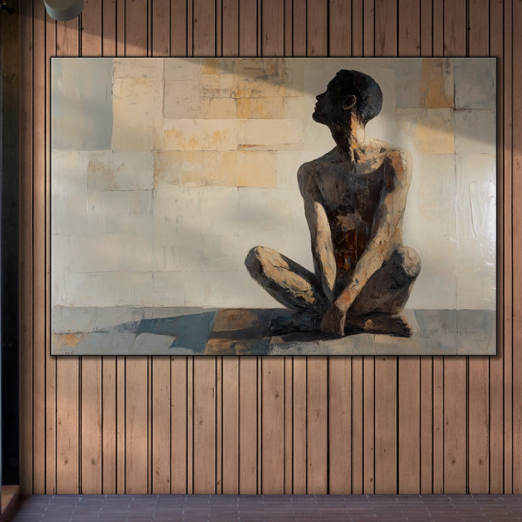 Male Collection | Shadows of the Mind | Thoughtful Figurative Art in Earthy Tones by Roderick Sebastiaan | BeautifulAbstractedPaintinginSpotlitCorridorWallInGallery_ea1a5748-df3d-4569-aae9-b4e512b64365