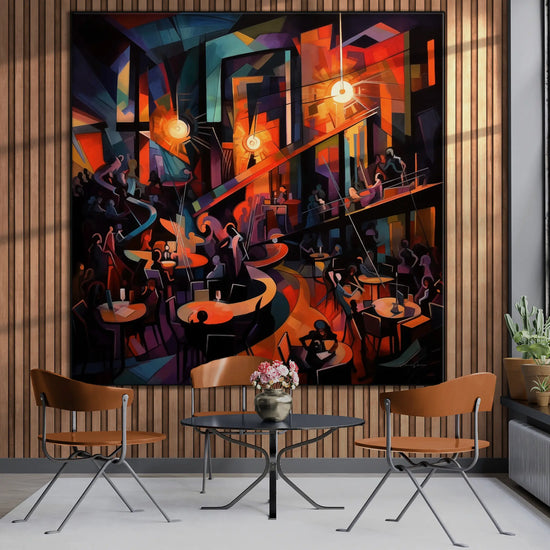 Music Collection | 20's Jazz No.1 | Vibrant Art Deco Jazz Club Print on Art Cloth by Roderick Sebastiaan | BeautifulAbstractedPaintinginSunroomWithTableAndChairs