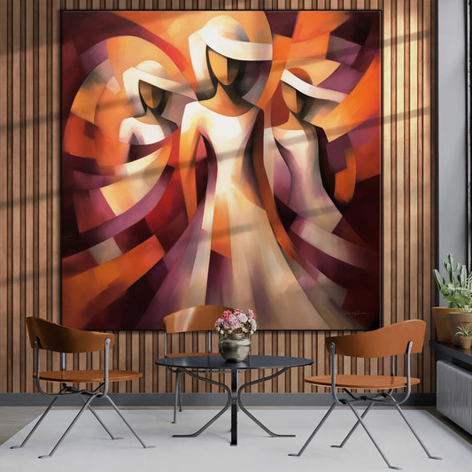 Feminine Collection | Crimson Rhapsody | Elegant Dance of Colour and Shape Art Print by Roderick Sebastiaan | BeautifulAbstractedPaintinginSunroomWithTableAndChairs_86659f4d-691c-4571-a86e-52371edc42a1