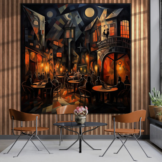 Music Collection | Crescent City | Vibrant New Orleans City scene for Stylish Interiors by Roderick Sebastiaan | BeautifulAbstractedPaintinginSunroomWithTableAndChairs_87c3bc4b-bc20-4787-888f-413c252a4ca4