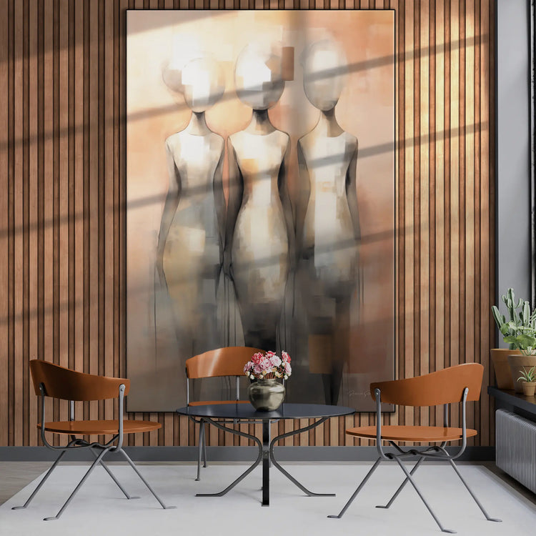 Feminine Collection | Fade to Unity | Contemporary Figures Blending into Unity Art Print by Roderick Sebastiaan | BeautifulAbstractedPaintinginSunroomWithTableAndChairs_d067739c-36af-4417-9903-2a092435f4df