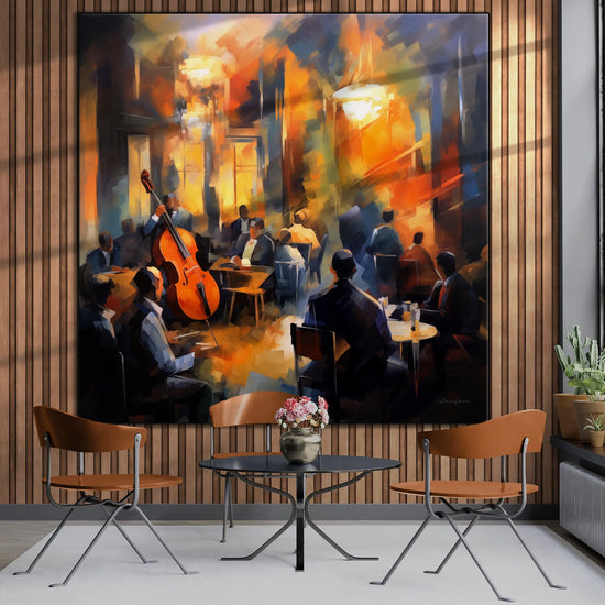 Music Collection | Echoes of Bourbon Street | Vibrant New Orleans Jazz Club Art Print by Roderick Sebastiaan | BeautifulAbstractedPaintinginSunroomWithTableAndChairs_f50e6baa-3090-4289-86ac-71dde5568391