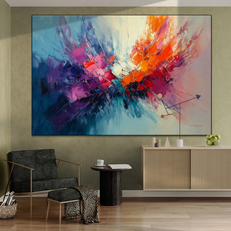 Abstract Collection | Fires of Renewal | Dynamic Abstract Burst in Vivid Hues of Orange and Purple by Roderick Sebastiaan | BeautifulAbstractedPaintinginTrendyLivingRoomWithWallCabinet