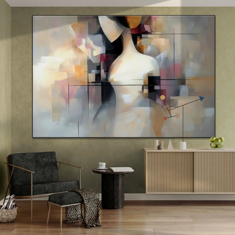 Surrealism Collection | Unspoken Dialogues | Abstract Cubist Female Silhouette with Soft Contrasts by Roderick Sebastiaan | BeautifulAbstractedPaintinginTrendyLivingRoomWithWallCabinet_f960bb76-c5a6-428f-a61f-10096dc5b931