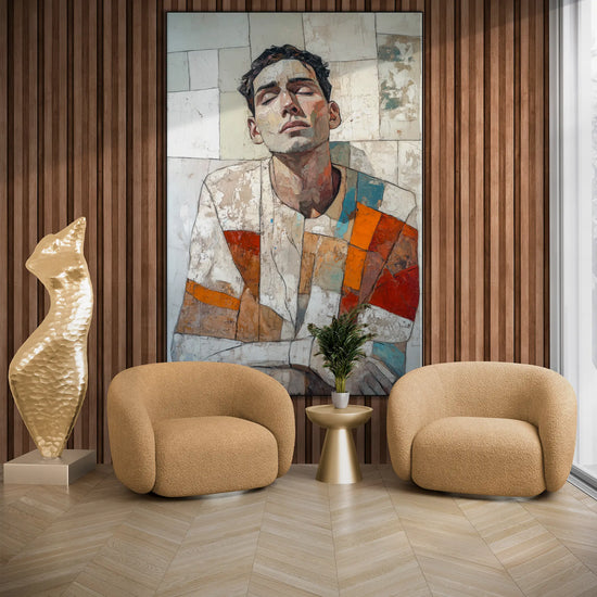 Male Collection | Layers of Thought | Thought-Provoking Abstract Male Portrait for Contemporary Decor by Roderick Sebastiaan | LayersofThoughtliving-room-with-armchairs-and-sculpture-2x3-1-Panel