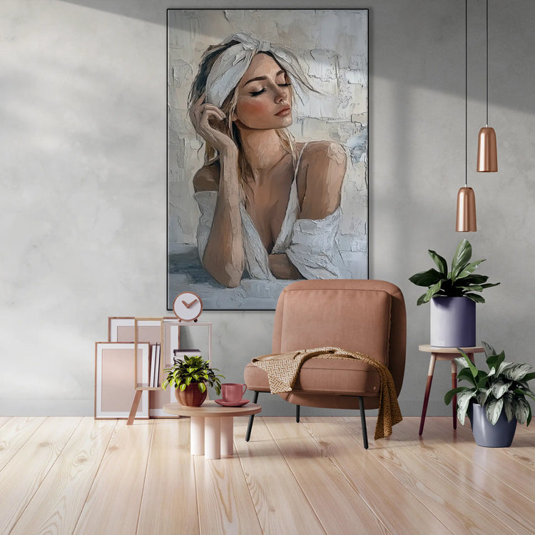 Feminine Collection | Refined Serenity | Elegant Female Portrait Art Print for Tranquil Spaces by Roderick Sebastiaan | RefinedSerenitylarge-open-living-room-2x3-1-Panel