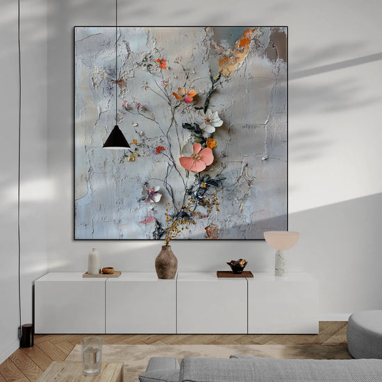 Botanical Collection | Rustic Blossoms | Unique Abstracted Textured Floral Art Print for Home & Office by Roderick Sebastiaan | RusticBlossomsliving-room-with-long-cabinet-and-hanging-light