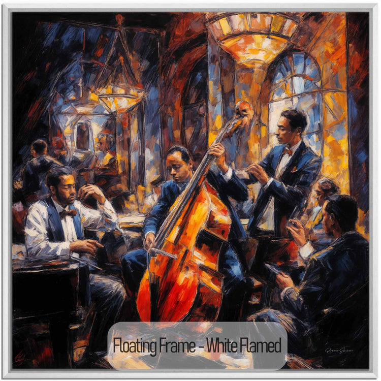 Music Collection | Jazz Quartet | Expressive Abstraction of Lively Jazz Scene on Art Cloth by Roderick Sebastiaan | White-Flamed_97e9bf01-7504-490b-ae90-85a8d1dd2ae2