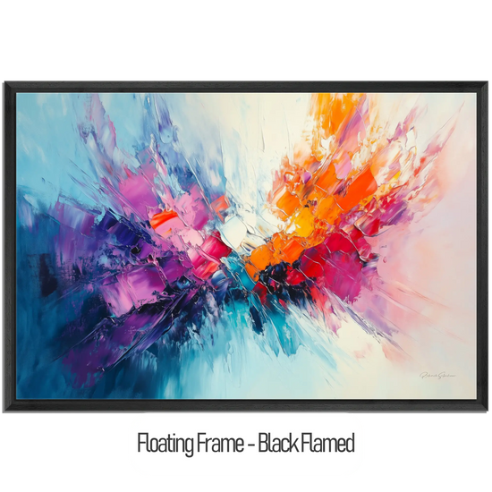 Abstract Collection | Fires of Renewal | Dynamic Abstract Burst in Vivid Hues of Orange and Purple by Roderick Sebastiaan | WoodenFloaterFrame-Black-Flamed_1bdcf2ec-396e-479d-b272-115bb5f4f820