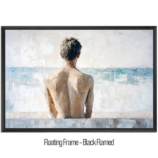 Male Collection | Back to the Sea – Minimalist Figurative Ocean-Inspired Canvas Art by Roderick Sebastiaan | WoodenFloaterFrame-Black-Flamed