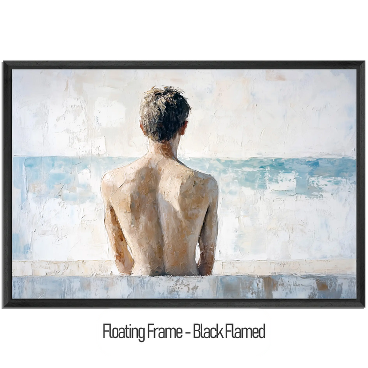 Male Collection | Back to the Sea – Minimalist Figurative Ocean-Inspired Canvas Art by Roderick Sebastiaan | WoodenFloaterFrame-Black-Flamed