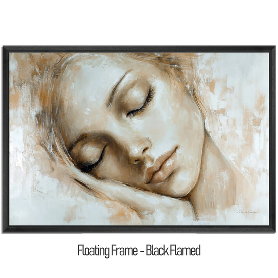 Feminine Collection | Tranquil Slumber | Serene Portrait in Soft Neutrals and Warm Hues by Roderick Sebastiaan | WoodenFloaterFrame-Black-Flamed_ac1aa32c-47b2-49ac-b3e8-1e43a4147fc0