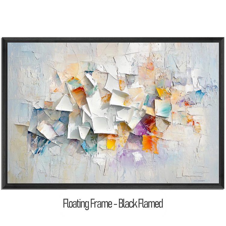 Abstract Collection | Fragments of Hope | Textured Look Abstract with Light Tones and Colourful Accents by Roderick Sebastiaan | WoodenFloaterFrame-Black-Flamed_e5a27e51-929e-43d9-80f8-c575d295e22a